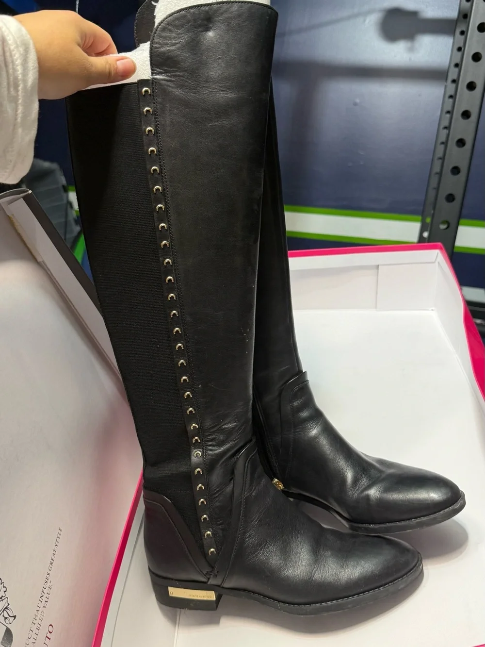 Vince Camuto Black Leather Over-the-Knee Boots with Gold Accent